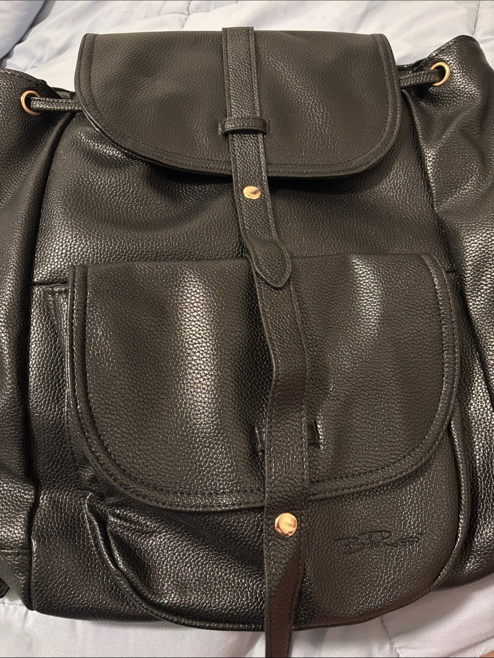 Bella Russo Black Pebbled Leather Drawstring Backpack with Front Pocket